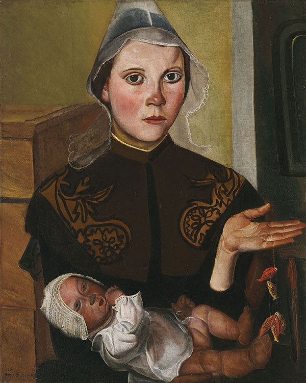 Portrait of a Young Mother in Traditional Breton Costume and Child | Oil Painting Reproduction