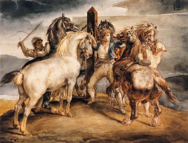 Five Horses at The Stake by Theodore Gericault | Oil Painting Reproduction