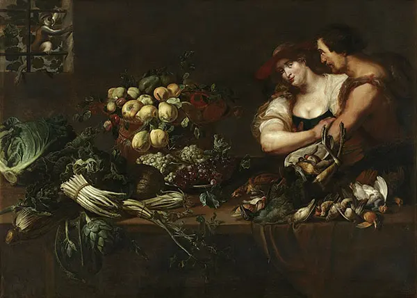 A Kitchen Still Life with Figures By Adriaen Van Utrecht