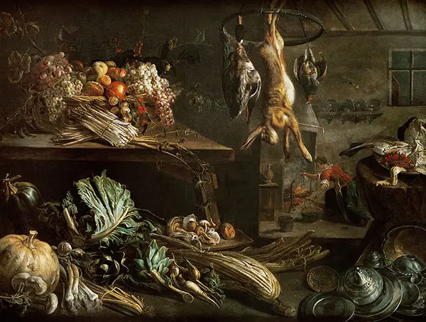 Kitchen Interior with Still Life Maid by the Fire By Adriaen Van Utrecht