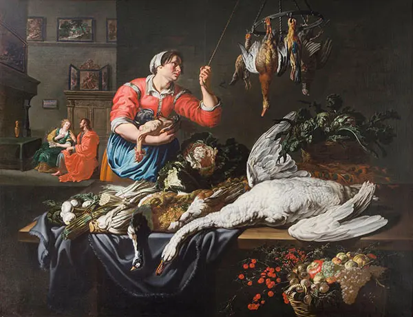 Kitchen Scene with Still Life of Game Fruit and Vegetables By Adriaen Van Utrecht