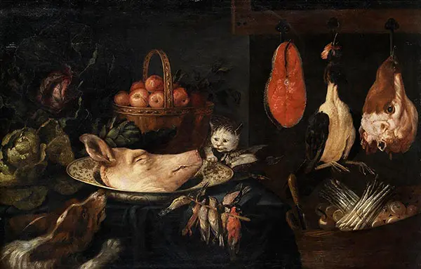 Kitchen Still Life with Cat and Dog By Adriaen Van Utrecht