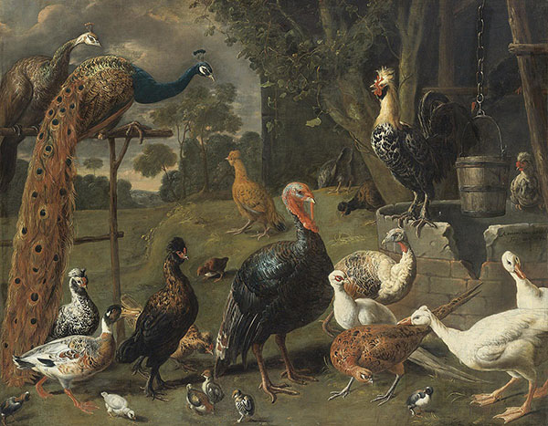 Peacock and Peahen on a Perch Turkeys a Pheasant and Poultry by a Well 1652 | Oil Painting Reproduction
