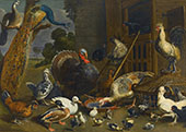 Peacock Turkey Chickens and Ducks Drinking Playing and Pecking By Adriaen Van Utrecht