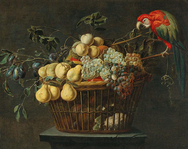 Still Life of a Basket of Fruit with a Parrot | Oil Painting Reproduction