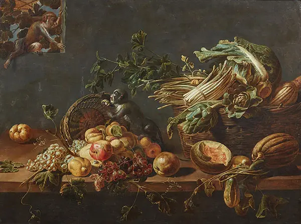 Still LIfe of Fruit and Vegetables with Two Monkeys By Adriaen Van Utrecht