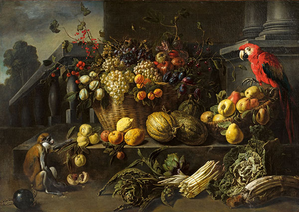 Still Life with Fruits Vegetable and a Parrot | Oil Painting Reproduction