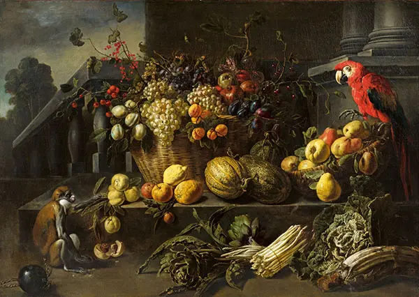 Still Life with Fruits Vegetable and a Parrot By Adriaen Van Utrecht