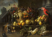 Still Life with Fruits Vegetable and a Parrot By Adriaen Van Utrecht