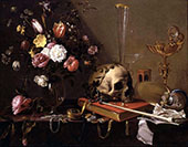 Vanitas Still Life with Bouquet and Skull By Adriaen Van Utrecht