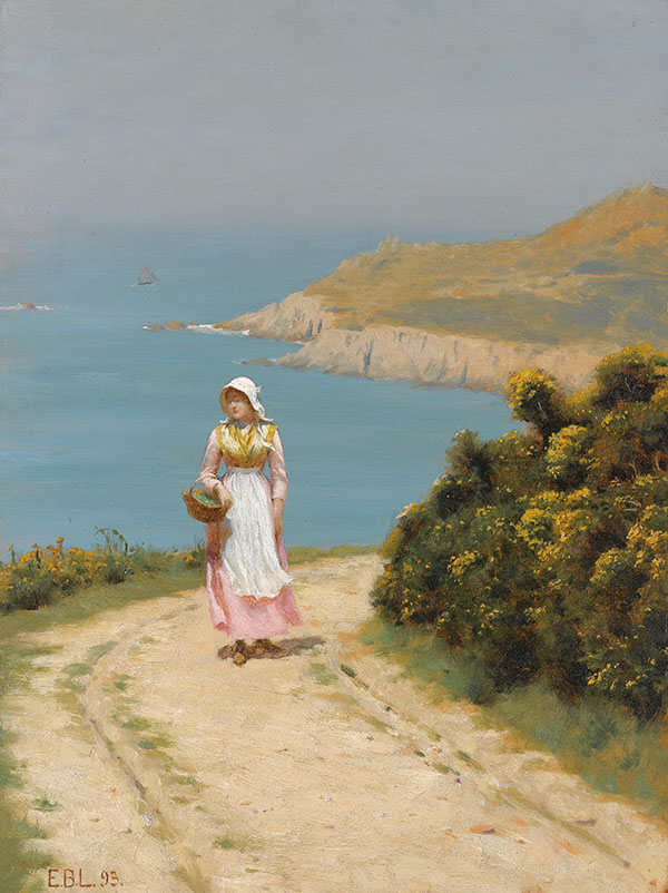 Girl on a Coastal Path by Edmund Leighton | Oil Painting Reproduction
