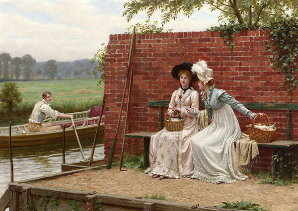 Riverside Gossip by Edmund Leighton | Oil Painting Reproduction