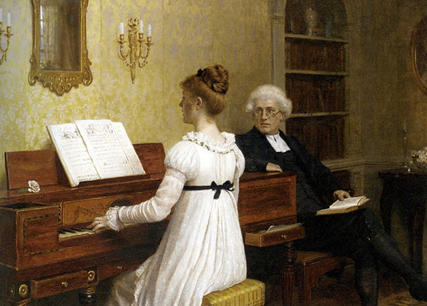 The Piano Lesson by Edmund Leighton | Oil Painting Reproduction