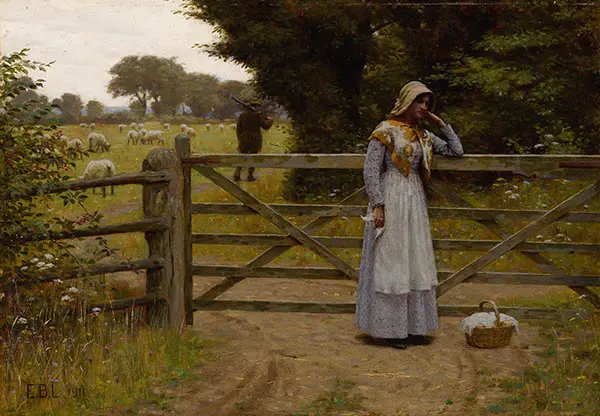 Woman Standing Near a Fence Sending her Husband off to Hunt 1911 By Edmund Leighton