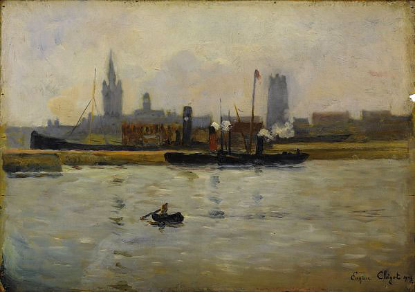 Boats in the Harbour 1905 by Eugene Chigot | Oil Painting Reproduction
