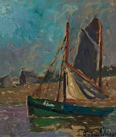 Sailboat and Cottages along the Riverbank By Eugene Chigot