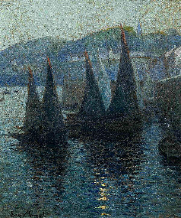 Sailboats in Port by Eugene Chigot | Oil Painting Reproduction