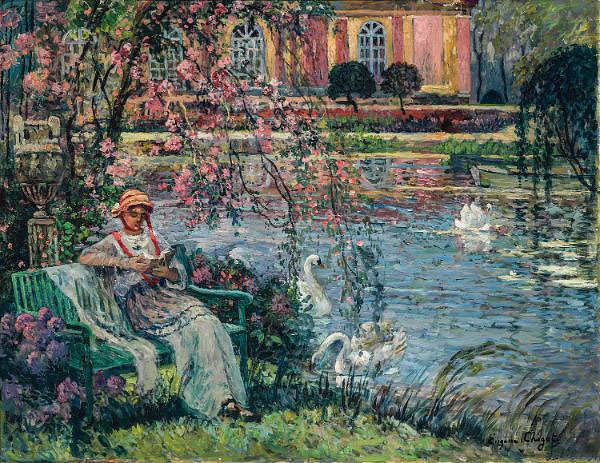 Young Woman by the Pond by Eugene Chigot | Oil Painting Reproduction