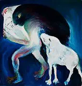 Black Haired Woman Holding Handkerchief with Crying Dog By Arthur Merric Boyd