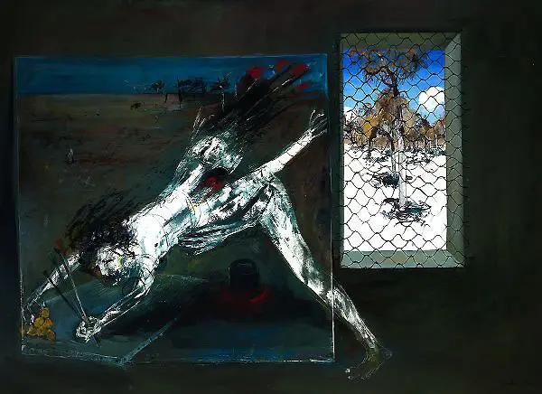 Figure Supporting Back Legs and Interior with Black Rabbit By Arthur Merric Boyd