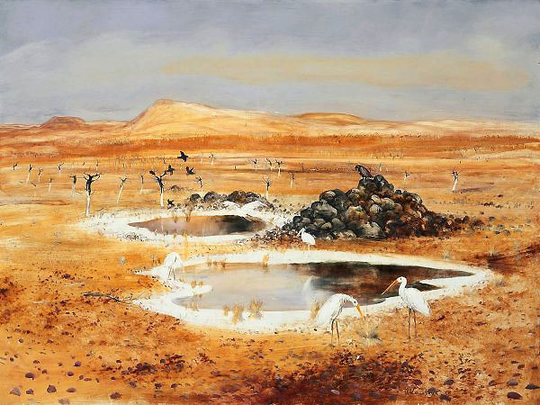 Landscape with Waterhole and Herons near Alice Springs | Oil Painting Reproduction