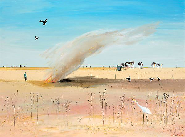 Wimmera Landscape with Fire and White Heron | Oil Painting Reproduction