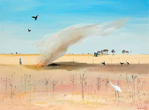 Wimmera Landscape with Fire and White Heron By Arthur Merric Boyd