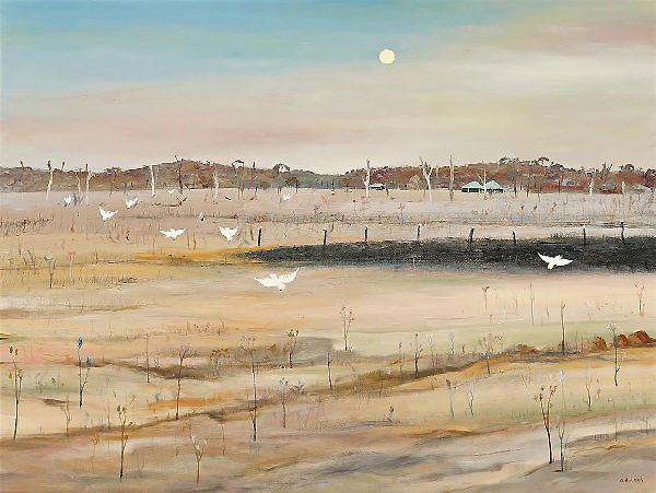 Wimmera Landscape with Full Moon and White Cockatoos | Oil Painting Reproduction