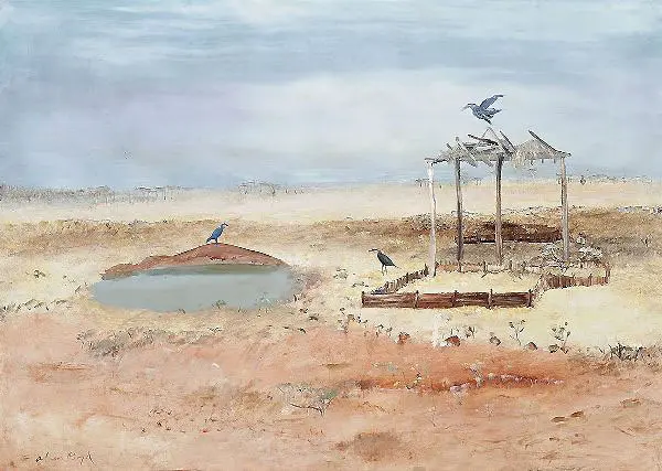 Wimmera Landscape with Waterhole Birds and Shelter By Arthur Merric Boyd
