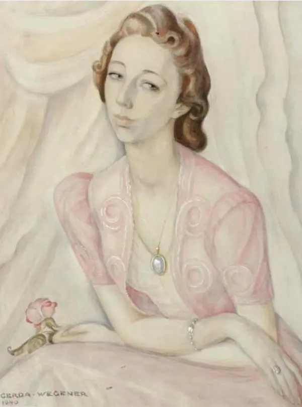 Portrait of a Lady in a Pink Dress Holding a Red Rose By Gerda Wegener