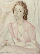 Portrait of a Lady in a Pink Dress Holding a Red Rose By Gerda Wegener