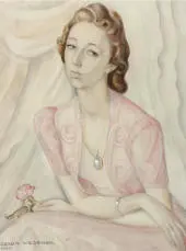 Portrait of a Lady in a Pink Dress Holding a Red Rose By Gerda Wegener