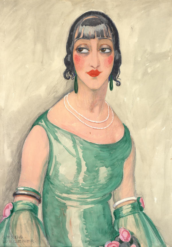 Portrait of a Woman in Green Dress and Pearls | Oil Painting Reproduction