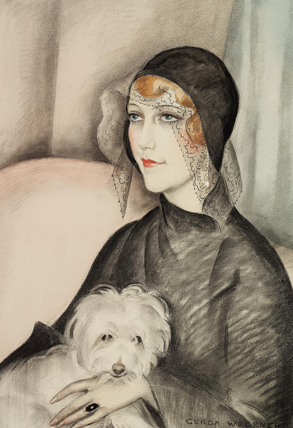 Young Woman Wearing a Black Cloche Hat and Holding a Small White Dog | Oil Painting Reproduction