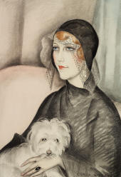 Young Woman Wearing a Black Cloche Hat and Holding a Small White Dog By Gerda Wegener