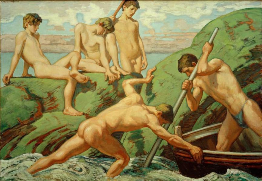 Naked Skippers Fishermen and Boys on Green Shores | Oil Painting Reproduction