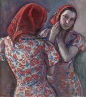 Woman with Headscarf Looking in a Mirror By Donna Schuster