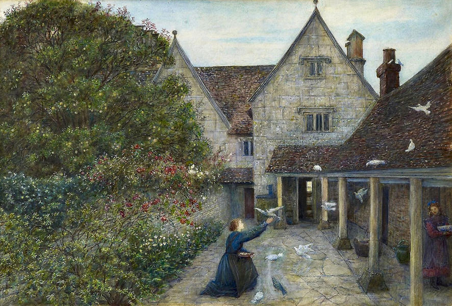 Feeding the Doves at Kelmscott Manor Oxfordshire | Oil Painting Reproduction