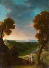 Promeneurs dans un paysage vallonne Sur sa toile d'origine By Henri de Favanne