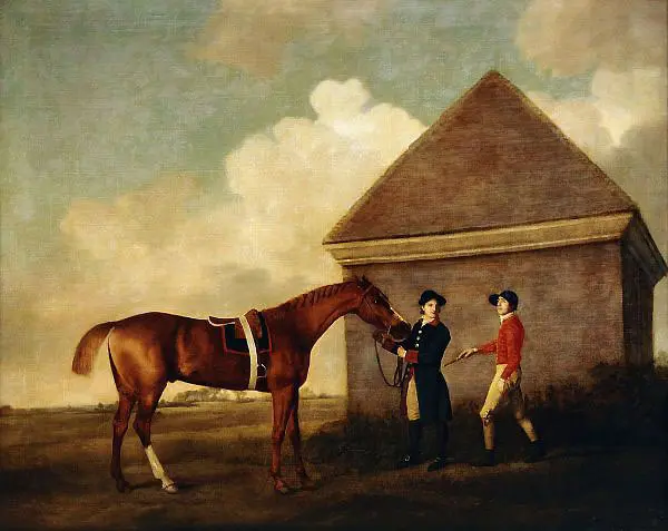 Eclipse a Dark Chestnut Racehorse held by a Groom with a Jockey by the Rubbing Down House By George Stubbs