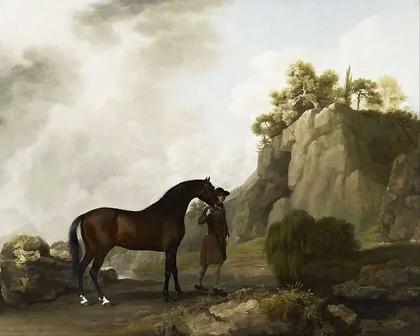 The Marquess of Rockingham's Arabian Stallion led by a Groom at Creswell Crags By George Stubbs