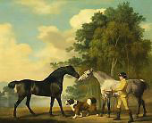 Two Hunters with a Young Groom and a Dog by a Lake By George Stubbs