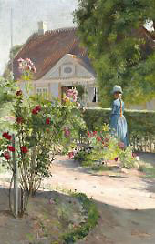 A Young Girl in a Rose Garden 1889 By Peter Ilsted