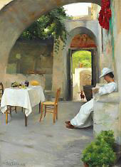 Before Lunch Woman Reading in a Shady Loggia 1891 By Peter Ilsted