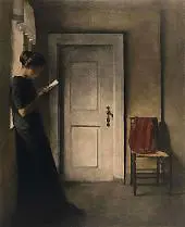 Interior with Red Shawl Young Woman Reads in this Calm Vermeer By Peter Ilsted