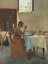 Interior with the Artist's Wife Ingeborg Ilsted during a visit to Italy By Peter Ilsted