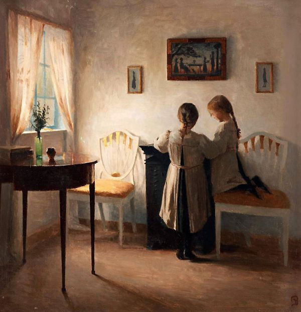 Two Girls Playing c1900 by Peter Ilsted | Oil Painting Reproduction