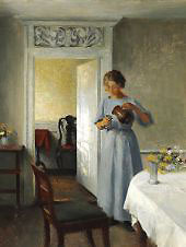 Young Girl in a Light Blue Dress  Arranges Flowers 1908 By Peter Ilsted