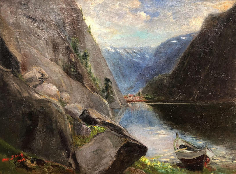 Mountain Lake Scene with Boat 1917 | Oil Painting Reproduction