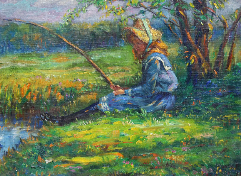Young Girl Fishing by Otto Stark | Oil Painting Reproduction